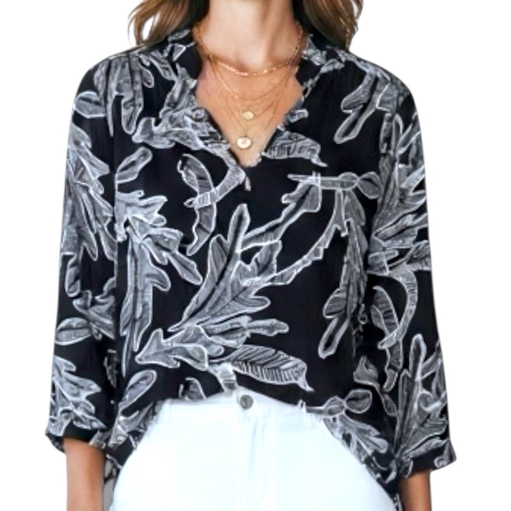 La Mer Luxe Black and White Leaf Print Tunic 3/4 Sleeve Mandarin Collar Medium